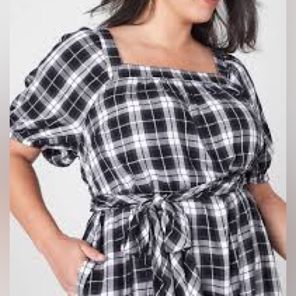 Lane Bryant Dress 18/20 Black White Flannel Plaid Square Neck Puff Sleeve Belted - Picture 2 of 10